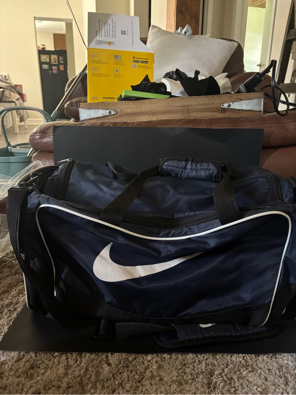 Nike Navy and White Duffel Bag with Swoosh Logo